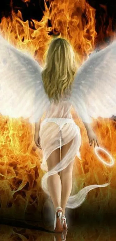 An angelic figure with wings amidst a fiery background, creating a celestial look.