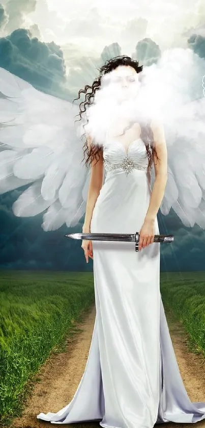 Angel with wings stands in a lush field under a stormy sky.