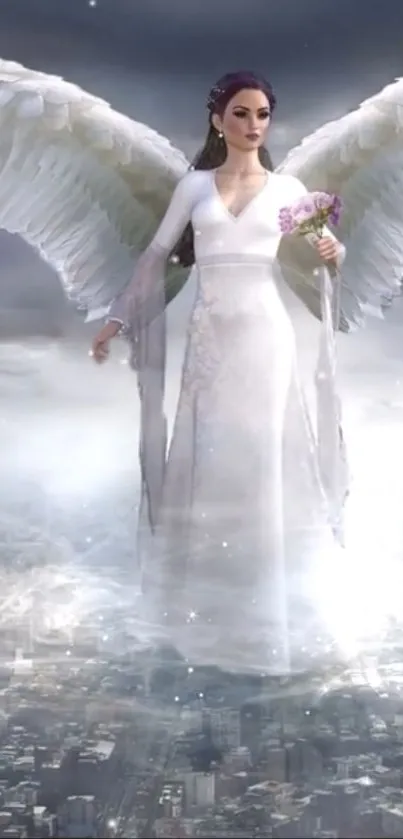 Ethereal angel with wings over a misty cityscape