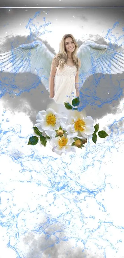 Mobile wallpaper of an angel with wings, flowers, and a serene sky.