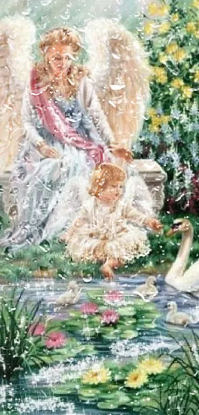 Angels in a beautiful garden by a pond with swans, creating a serene atmosphere.