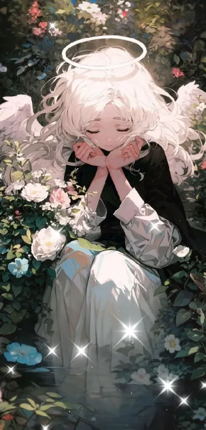 Angelic girl resting among vibrant flowers with a halo in a serene setting.