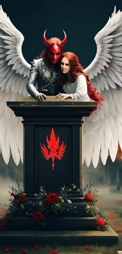 Gothic fantasy scene with angel wings and red roses on tombstone.