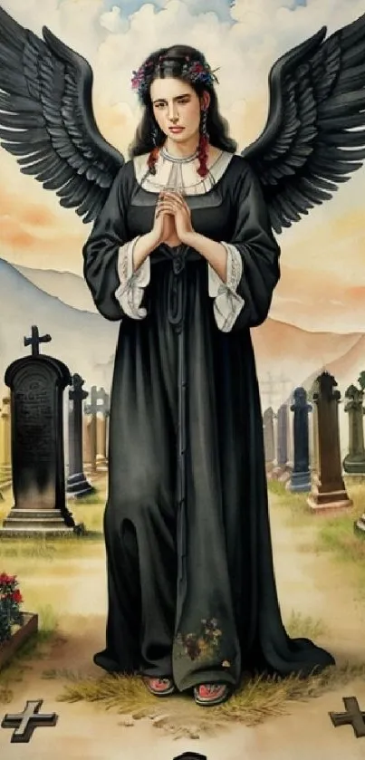 Angel with black wings in a peaceful cemetery scene.