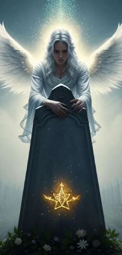 An angel with glowing wings guarding a tombstone with a star symbol.