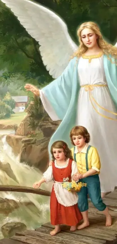 An angel guiding children across a bridge in a serene, natural landscape.