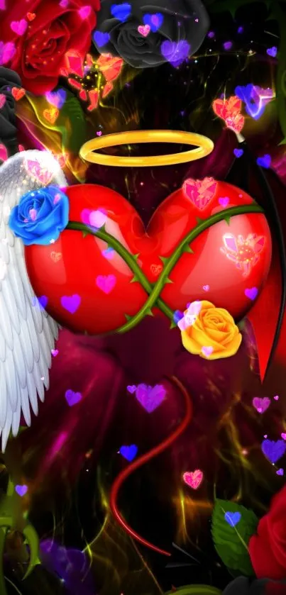 Vibrant heart wallpaper with angelic and devilish themes.