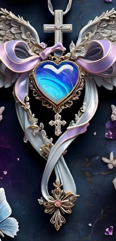 Wallpaper with a sapphire heart, wings, butterflies, and floral accents.