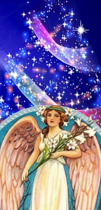 Angelic figure with lilies under a colorful, star-filled night sky.