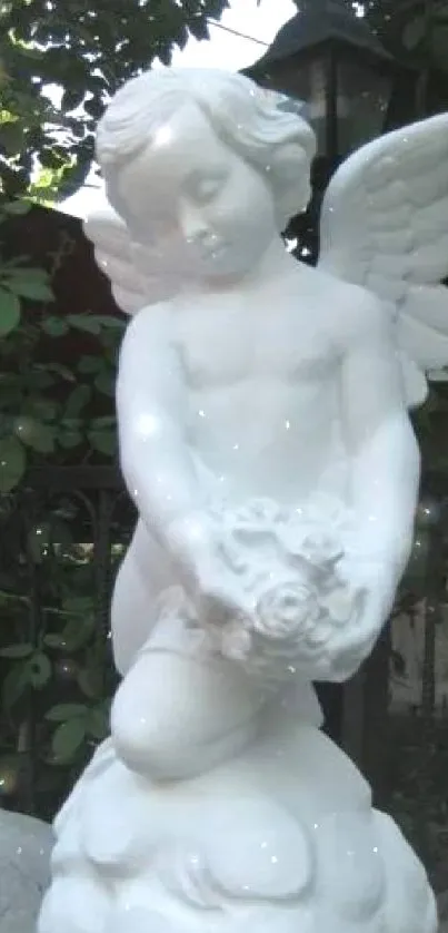 Marble angel statue in a garden setting, enhancing classic charm.