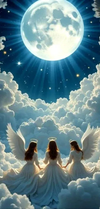 Angels in clouds under a full moon in a dreamy sky.