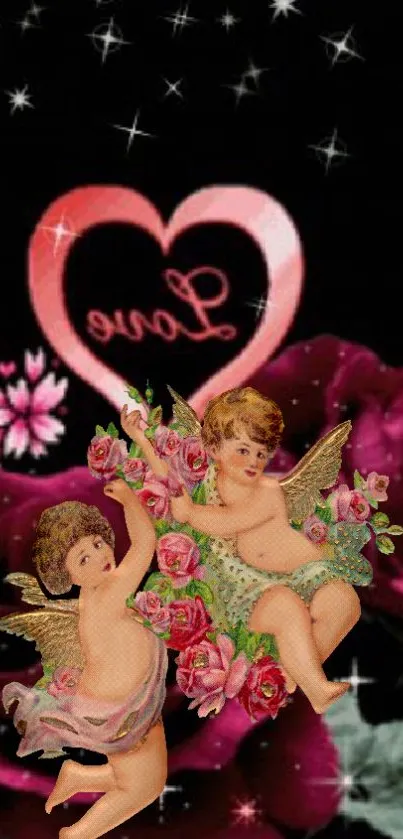 Cherubic angels with pink heart and flowers on black background.