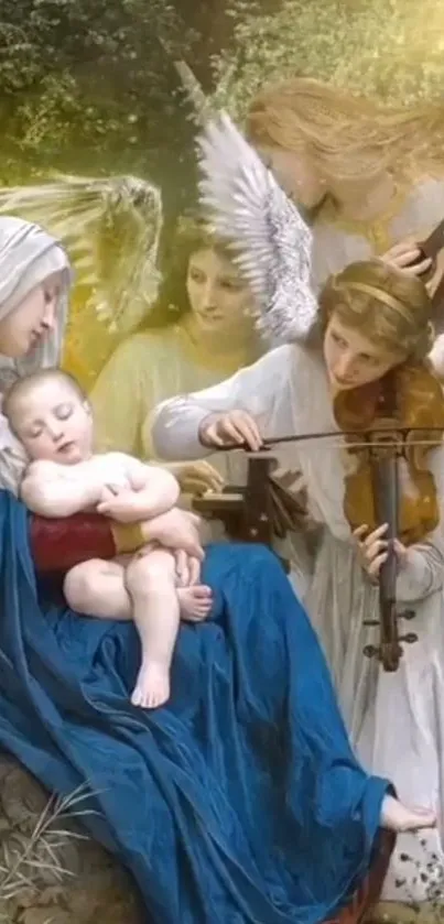 Angelic figures play music around a child in a serene art scene.