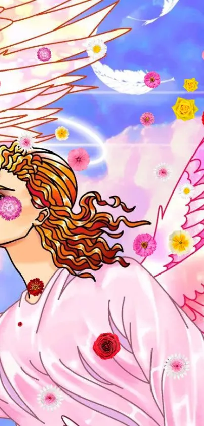 Ethereal angel with pink wings in pastel sky wallpaper.