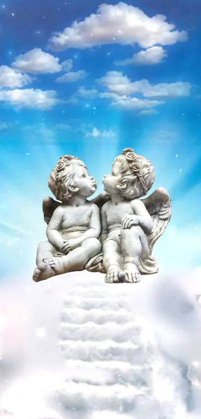 Angelic wallpaper with cherubs and blue sky.