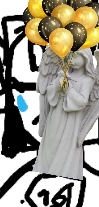 Angelic statue holding gold and black balloons.