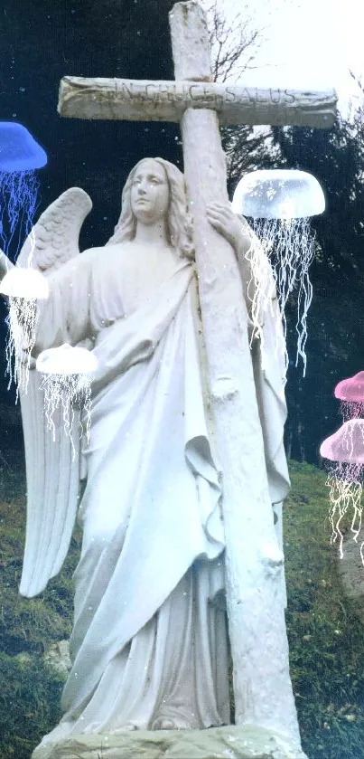 Angelic statue with colorful jellyfish in background.