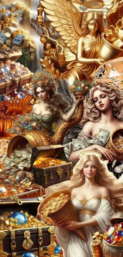Fantasy angels among gold treasures and gems wallpaper.