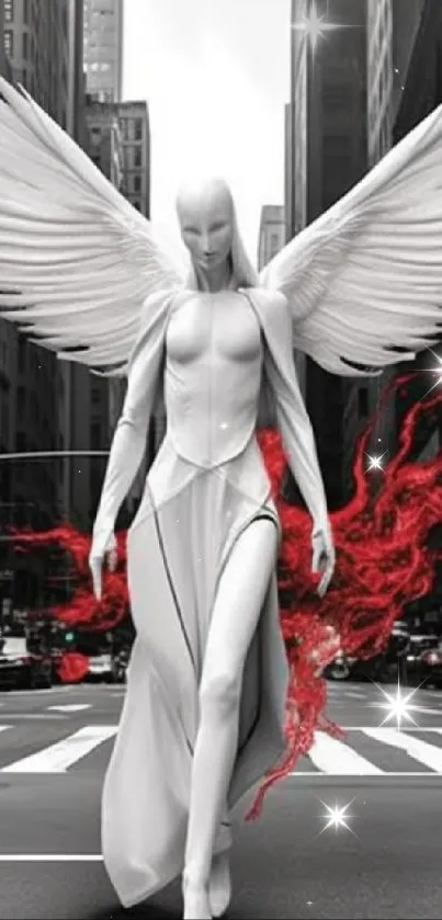 Angel with wings in urban street, red accents.