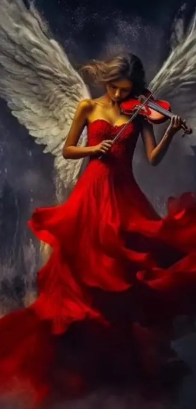 Angelic figure in red dress playing violin with wings.