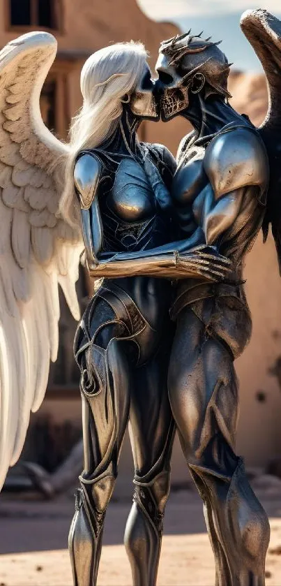 Futuristic angel and demon sculpture embracing in a desert.