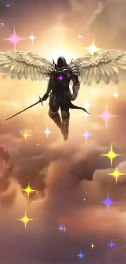 Angelic armored figure with wings in a starry sky.