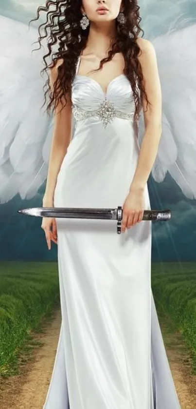 Ethereal angelic figure with wings holding a sword, in a white dress.