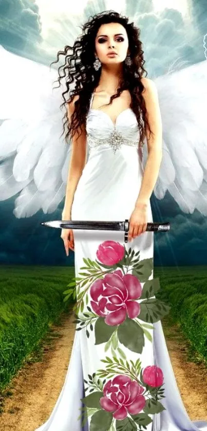 Angelic figure with wings holding a sword on a scenic path.