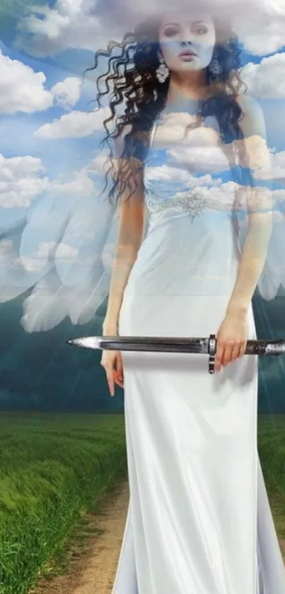 Ethereal angelic woman with sword under a cloudy sky in a serene landscape.