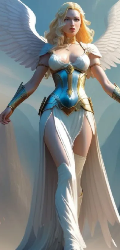 Angelic warrior with wings on fantasy wallpaper.