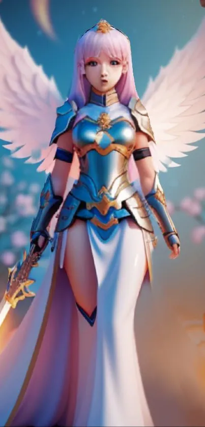 An angelic warrior with wings and armor in a fantasy setting.