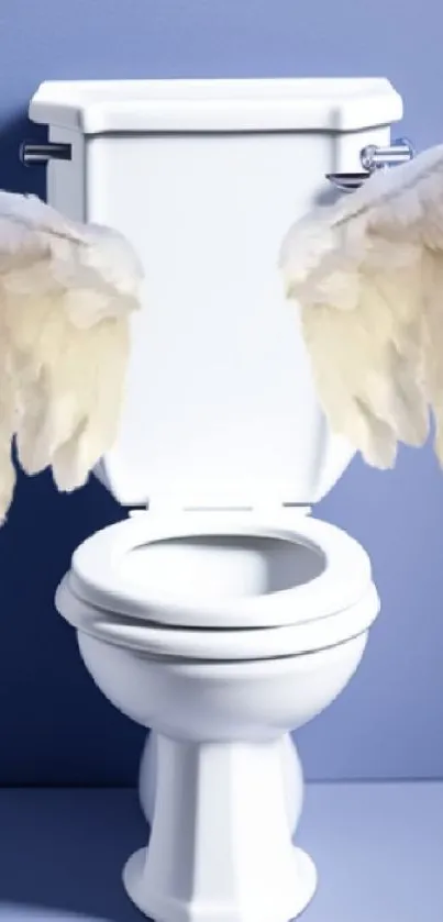 White toilet with angel wings on blue wall.