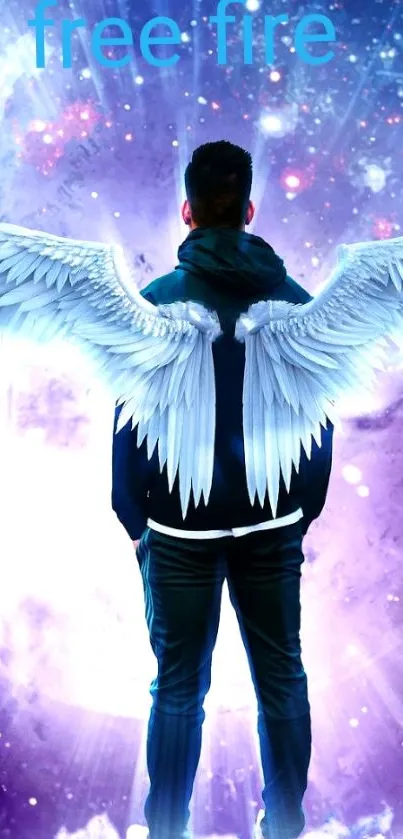 Mobile wallpaper with angelic wings and cosmic background.