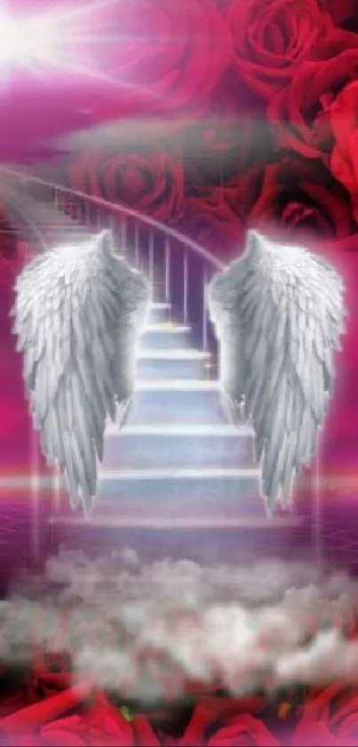 Mobile wallpaper with angel wings and a mystical, rose-covered stairway.