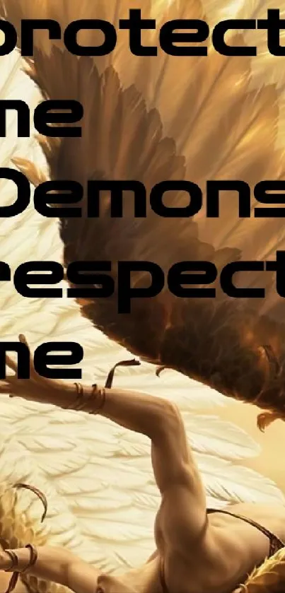 Artwork of angel with spread wings and protector text.