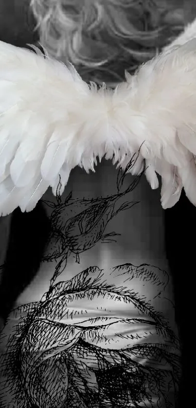 Mobile wallpaper featuring angelic wings and an intricate tattoo design.