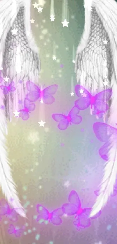 Mobile wallpaper with angelic wings and purple butterflies on a gradient background.