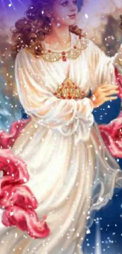 Angelic figure in flowing robes with snowflakes on a winter backdrop.