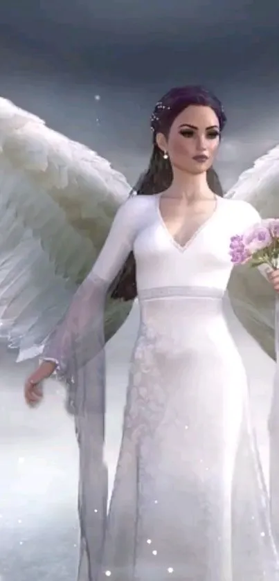 Angelic woman in white dress holding purple flowers.