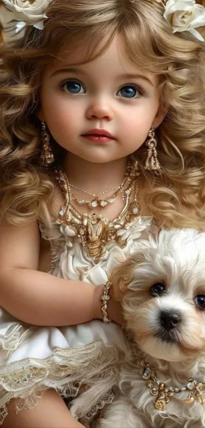 Curly-haired girl with puppy wallpaper
