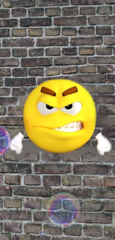 Angry yellow emoji on rustic brick wall with vibrant bubbles