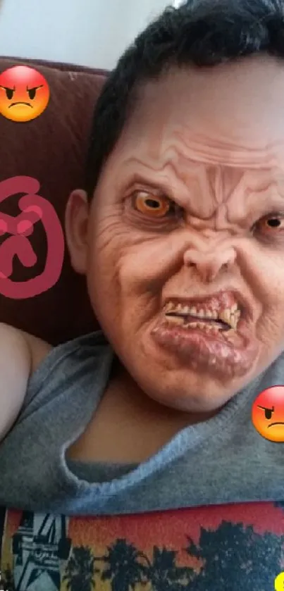 Humorous angry face filter with emojis on a phone wallpaper.