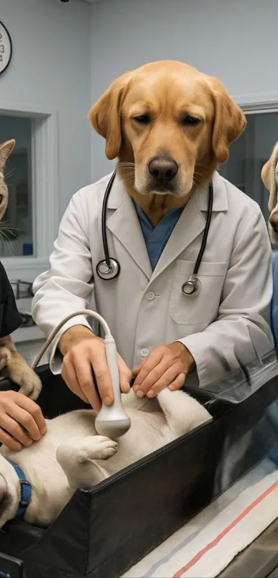 Animals dressed as doctors in a clinic setting.