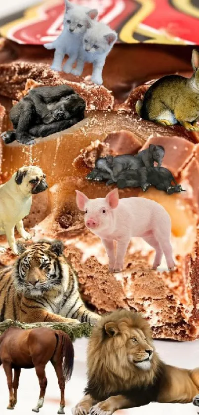 Chocolate bar wallpaper with playful animals emerging.