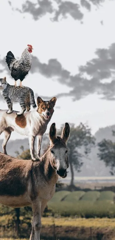 Whimsical animal stack wallpaper featuring donkey, dog, cat, and rooster.