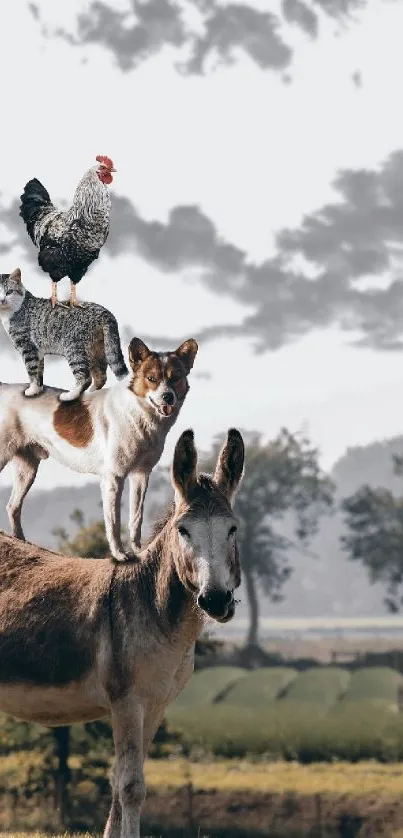 Animals stacked on each other in a countryside setting with cloudy sky.