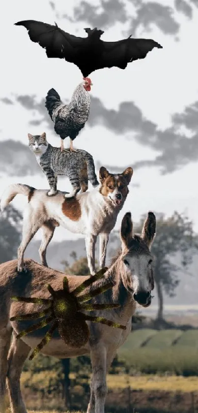 Whimsical animal stack in a rural landscape wallpaper.