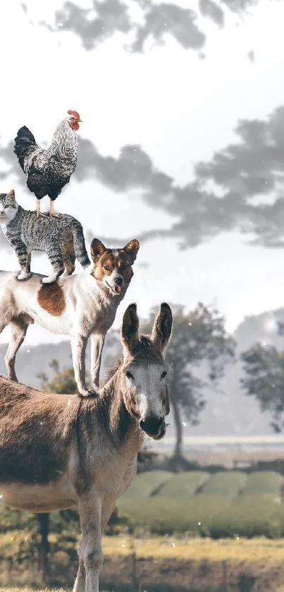 Animals stacked in scenic landscape wallpaper featuring donkey, dog, cat, and rooster.