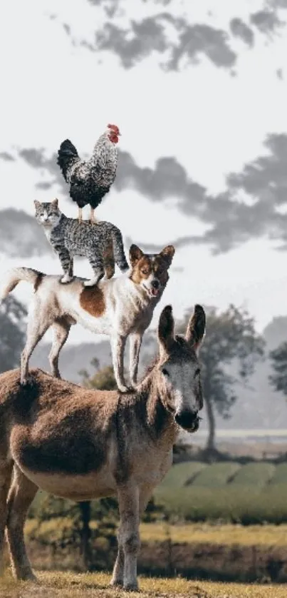 Animal stack wallpaper with donkey, dog, cat, and rooster in a scenic view.