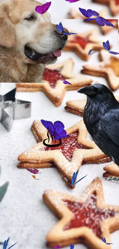 Dog, crow, butterflies, and cookies on a vibrant wallpaper.